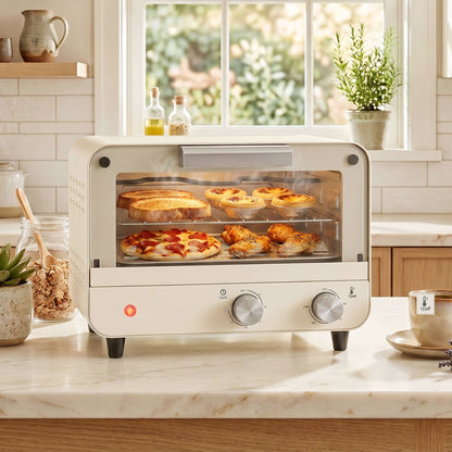 HOMCOM Mini Oven, Small Toaster Oven with Glass Door, Adjustable Temperature and Timer, Accessory Included, 750W, Cream White