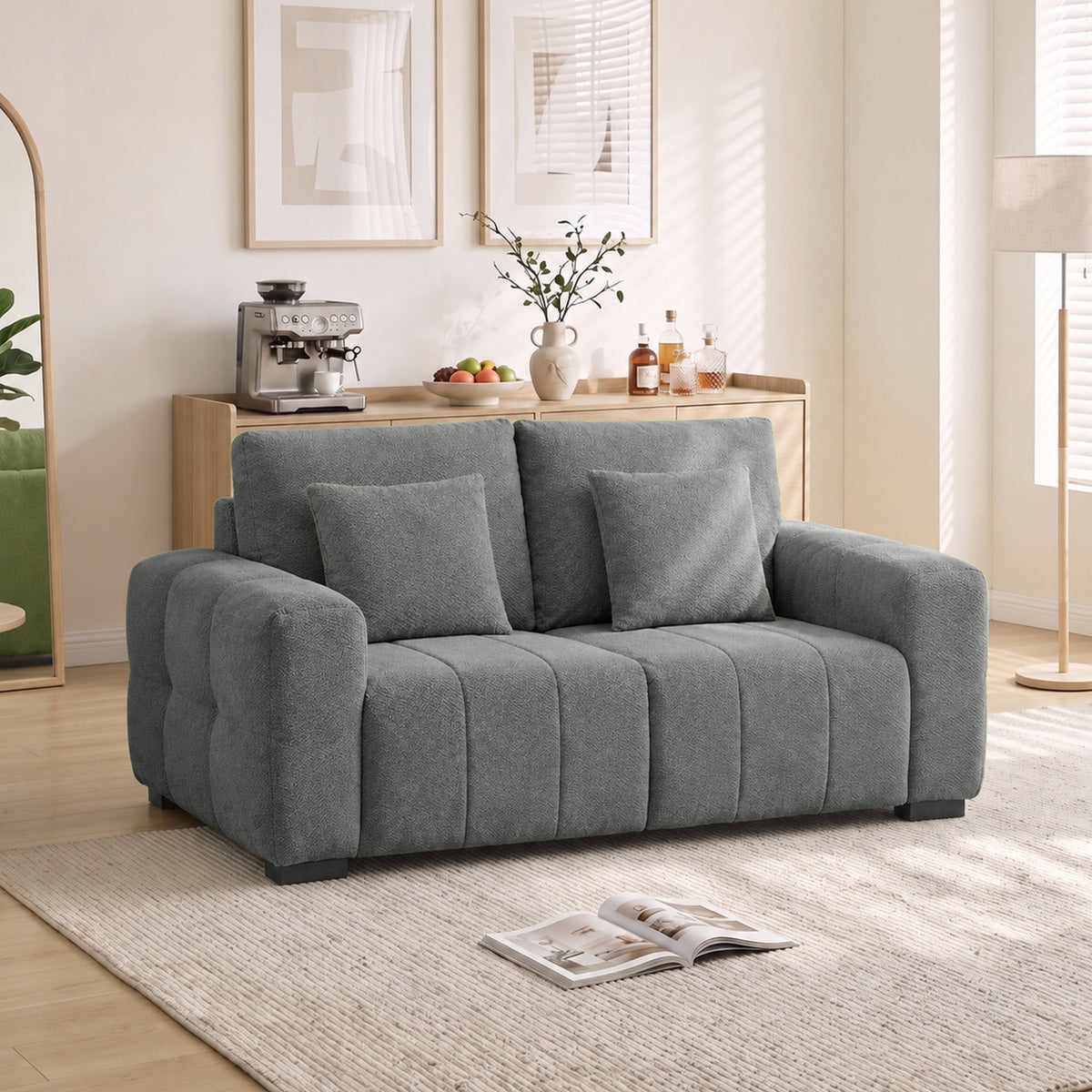 HOMCOM 2 Seater Sofa, Upholstered Velvet Small Couch for Bedroom with Pillows, Padded Cushion and Wood Legs, Grey