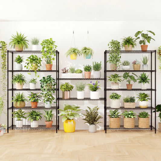 The metal storage shelves are filled with various potted plants