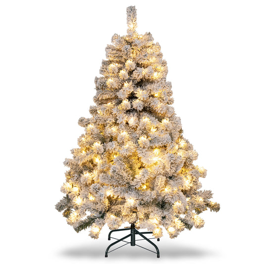 4.5 Feet Flocked Christmas Tree with 295 tips and 150 LED lights, standing on a black metal base