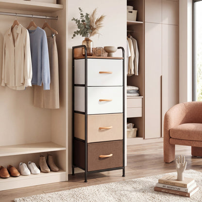 4-Drawer Dresser with Removable Fabric Bins and Top Shelf Narrow for Bedroom-Multicolor