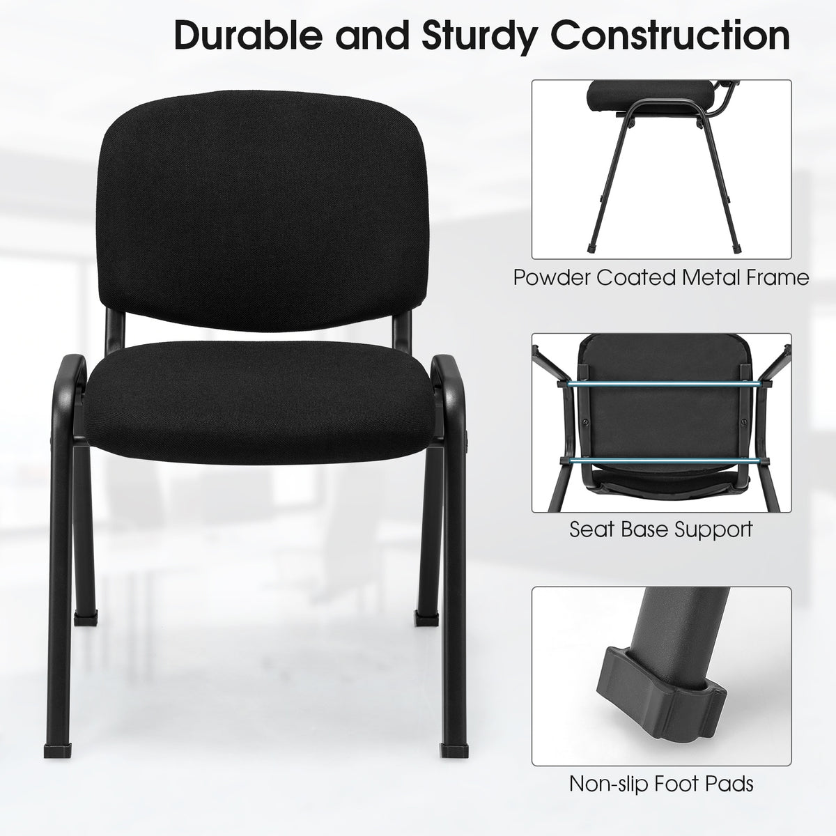 4-Pack Conference Chair Set with Metal Frame and Padded Cushion-Black