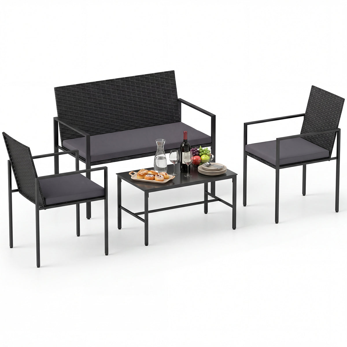 4-Piece Outdoor Rattan Chairs and Loveseat with Tempered Glass Coffee Table for Backyard-Grey