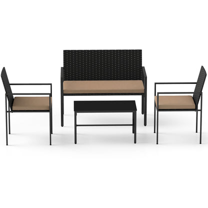 4-Piece Outdoor Rattan Chairs and Loveseat with Tempered Glass Coffee Table for Backyard-Yellow