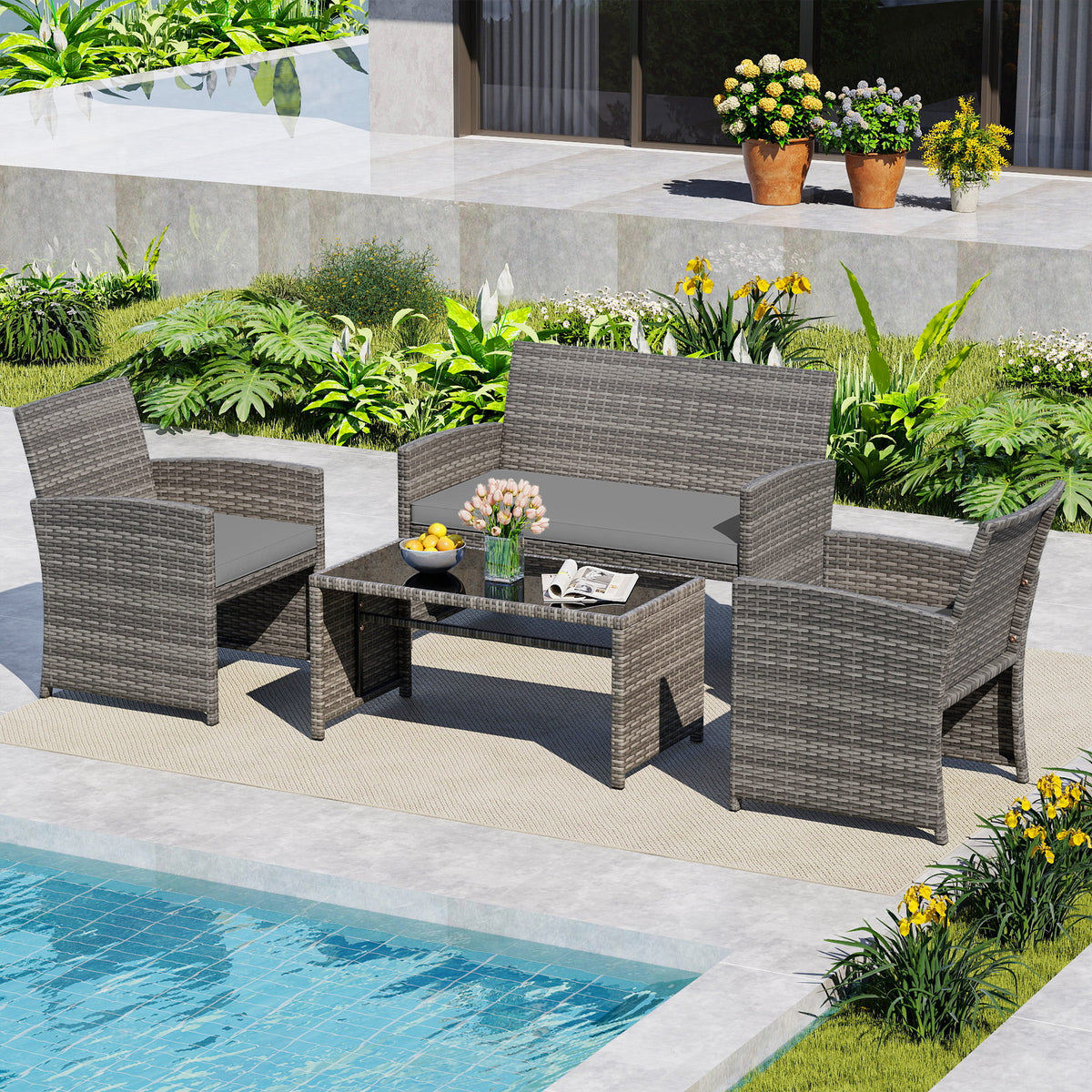 4 Piece Patio Conversation Set Rattan Chair Loveseat and Table Set with Seat Cushions-Grey