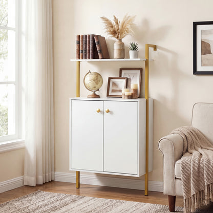 4-Tier Bookshelf with Double-Door Cabinet and Heavy-Duty Metal Frame-White