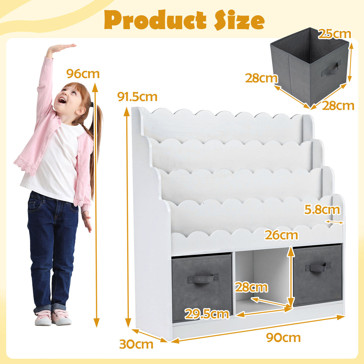 Product size diagram showing the dimensions of the white kids storage unit and drawers