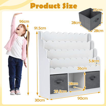 Product size diagram showing the dimensions of the white kids storage unit and drawers