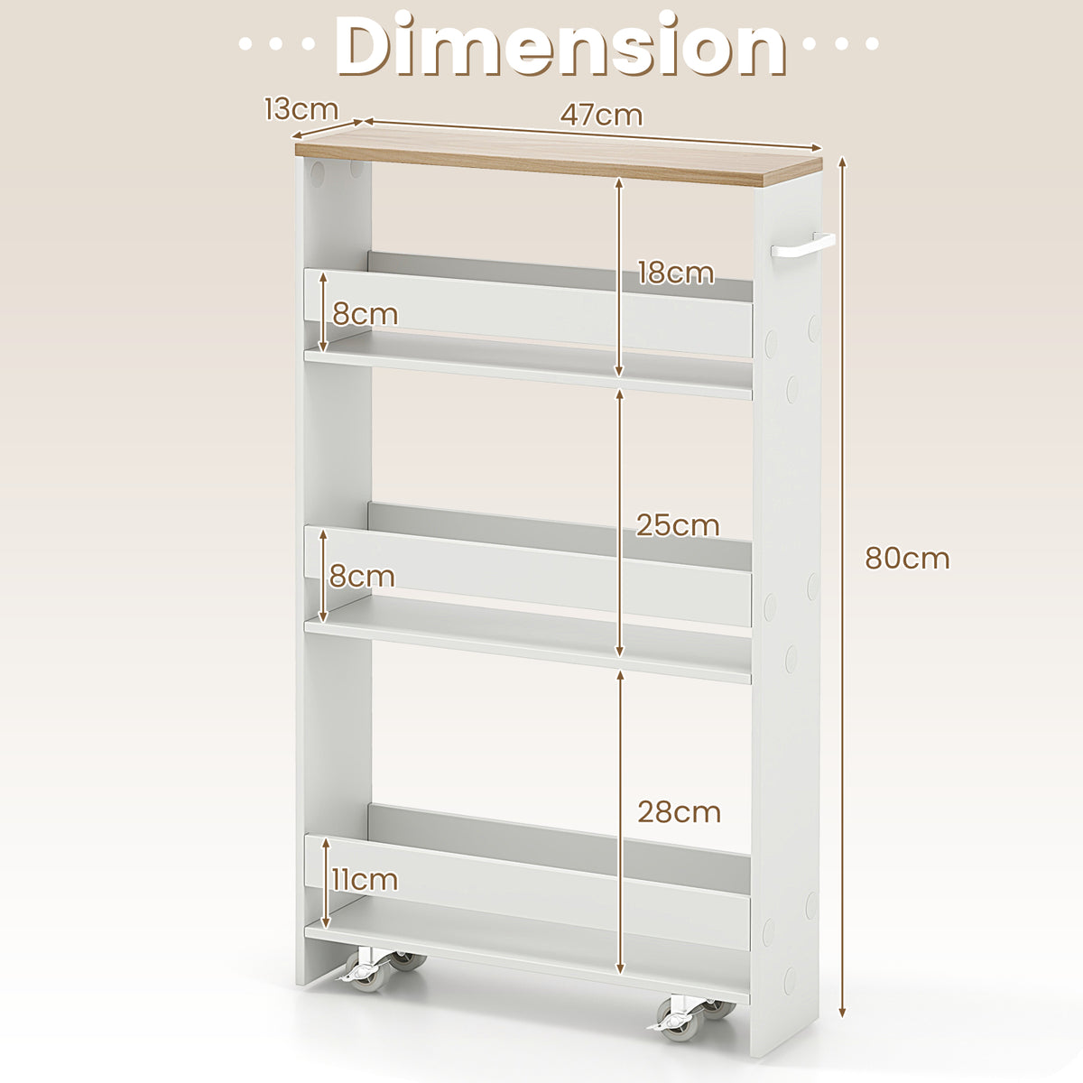 4-Tier Slim Storage Cart with Open Shelves and Wheels-Natural
