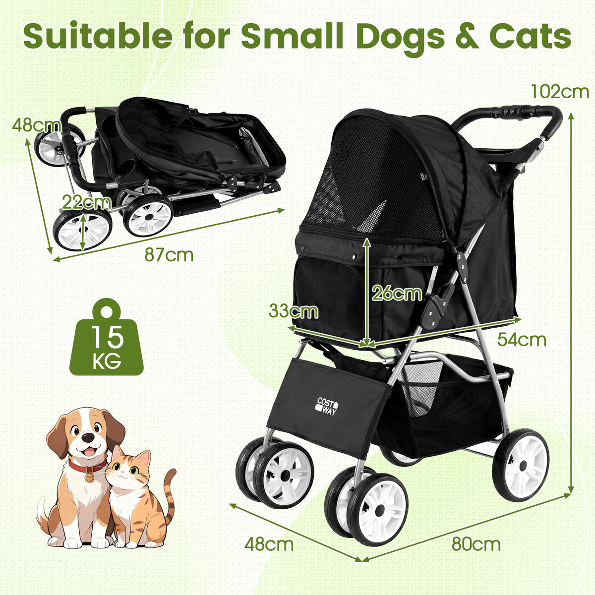 The dog stroller with dimension labels and illustrations of a dog and cat for size reference