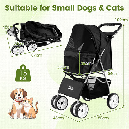 The dog stroller with dimension labels and illustrations of a dog and cat for size reference