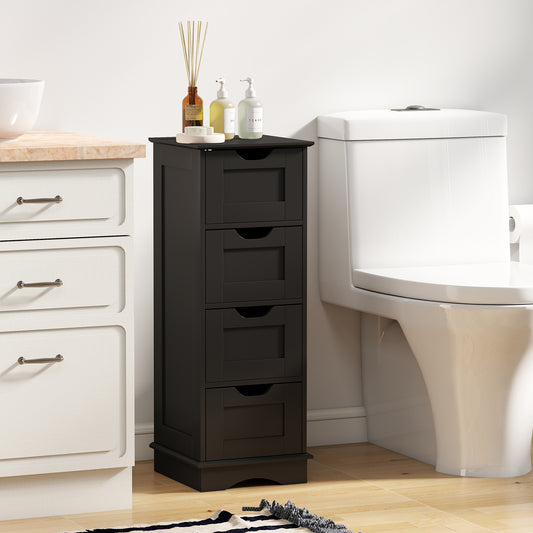 The narrow floor standing cabinet placed next to a toilet in a bathroom setting