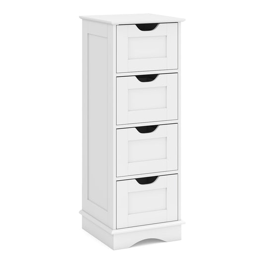 4-Drawer Bathroom Cabinet narrow floor standing cabinet in white, a tall slim storage unit with four drawers