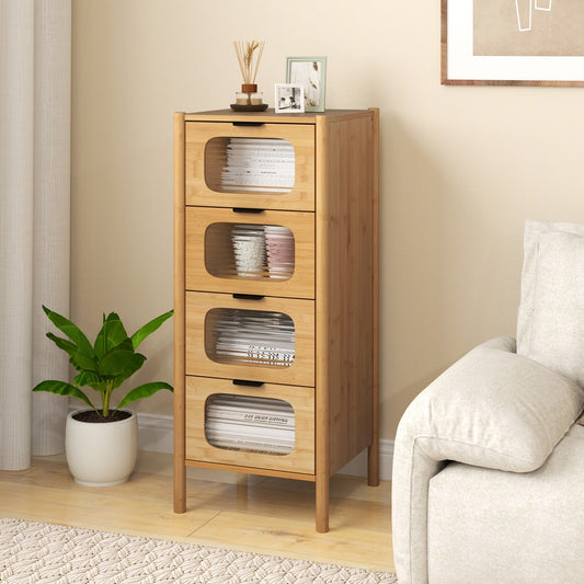 Bamboo storage cabinet with four fluted glass drawers in a living room setting