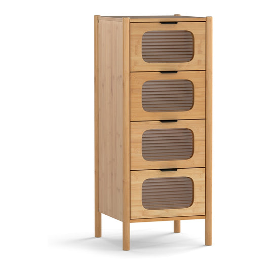 4-Drawer Dresser Bamboo Storage Cabinet with fluted glass drawers, natural finish