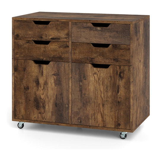 4 Drawer Dresser Chest with Doors and Universal Wheels in rustic brown wood effect