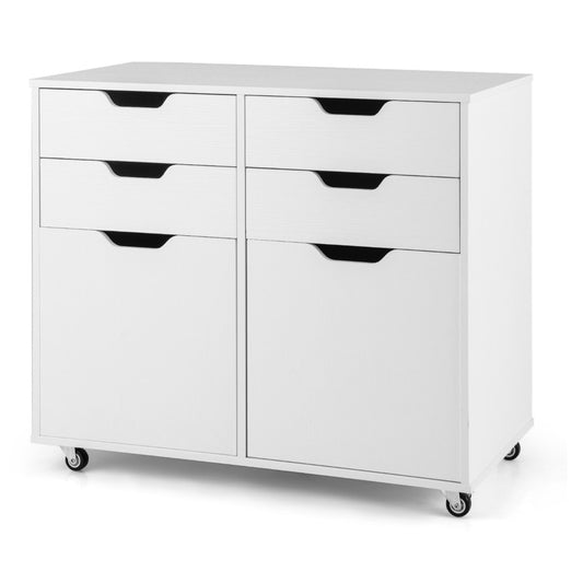4 Drawer Dresser Chest with Doors and Universal Wheels in white, shown from the front with drawers and doors closed