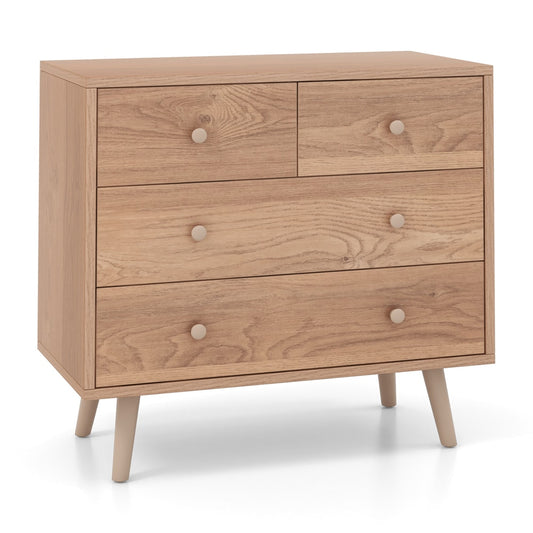 4-Drawer Dresser Modern Storage Chest Cabinet with Handles, a light wood chest with four drawers and tapered legs