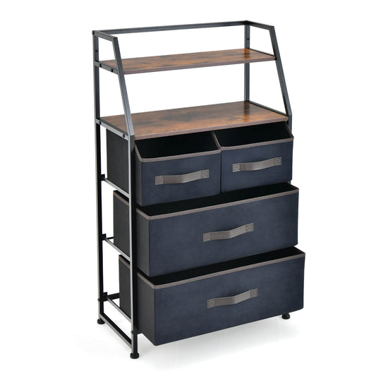 4-Drawer Free Standing Storage Dresser with 2 Open Shelves in rustic brown with black metal frame