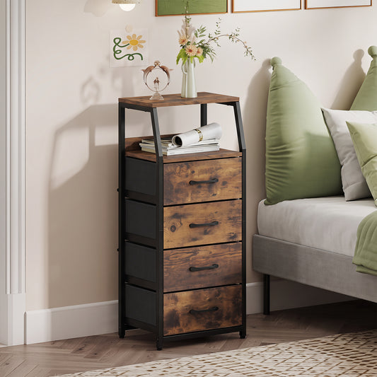 The storage cabinet placed beside a bed as a bedside table with decor on the top shelf