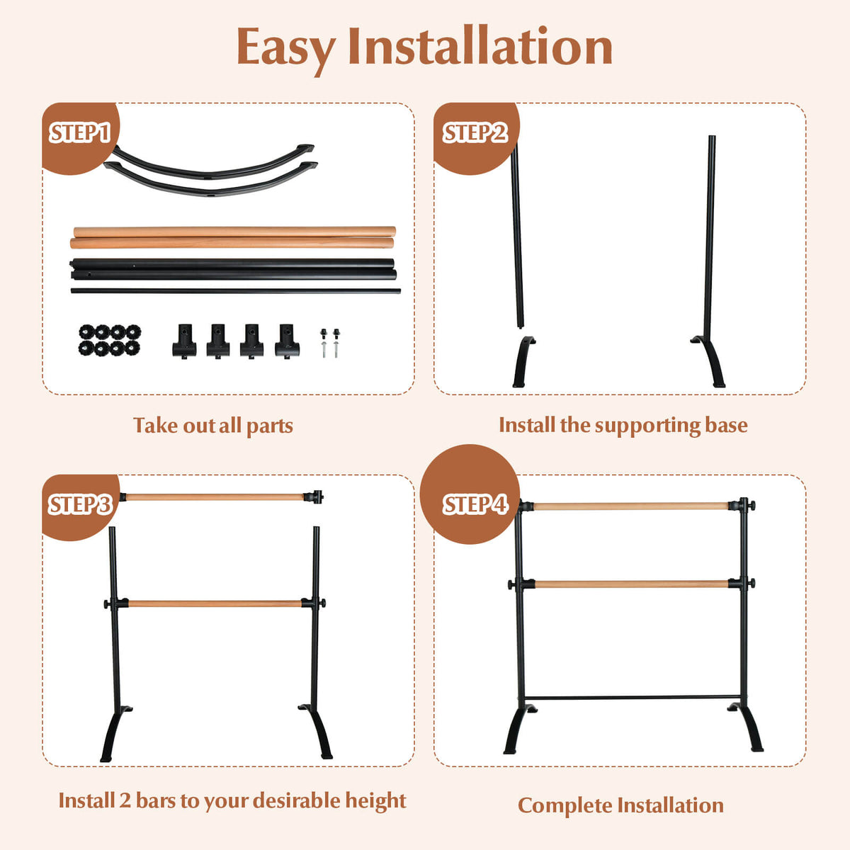 Easy installation steps for the freestanding ballet barre