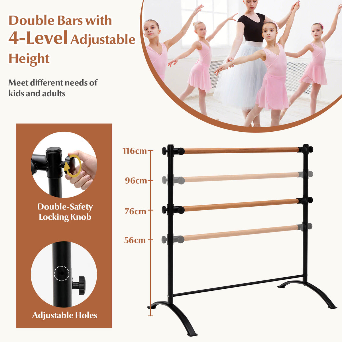 A ballet barre showing adjustable height options for kids and adults
