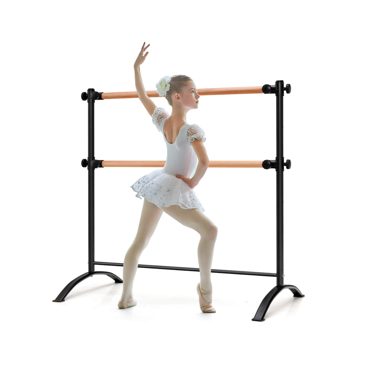 4 Feet Freestanding Ballet Barre with Height Adjustable in black with a young dancer posing