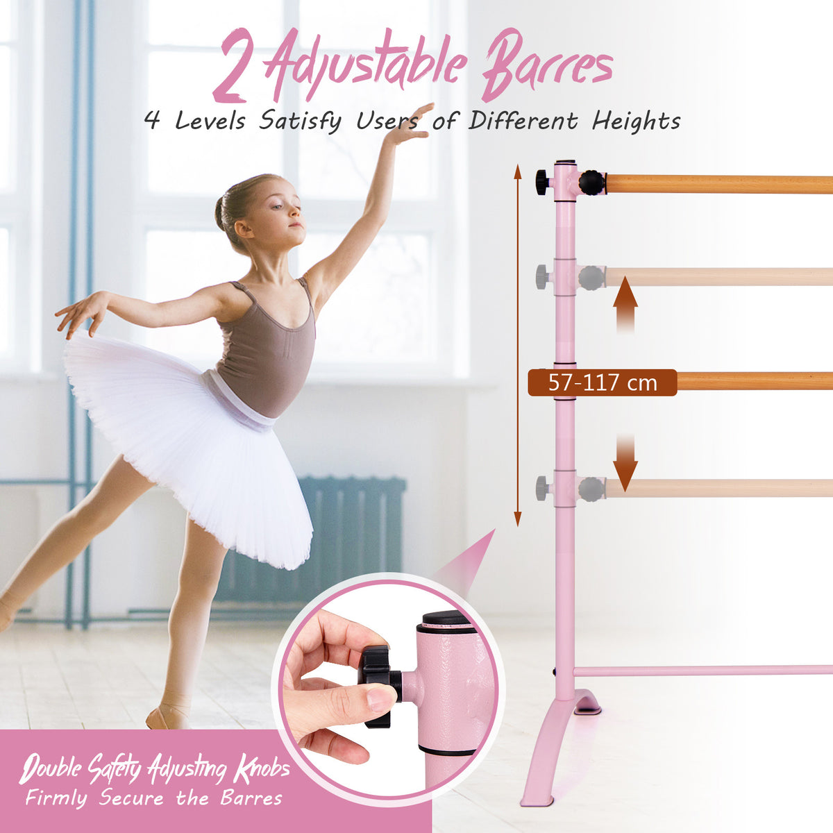 The pink ballet barre with adjustable height settings shown