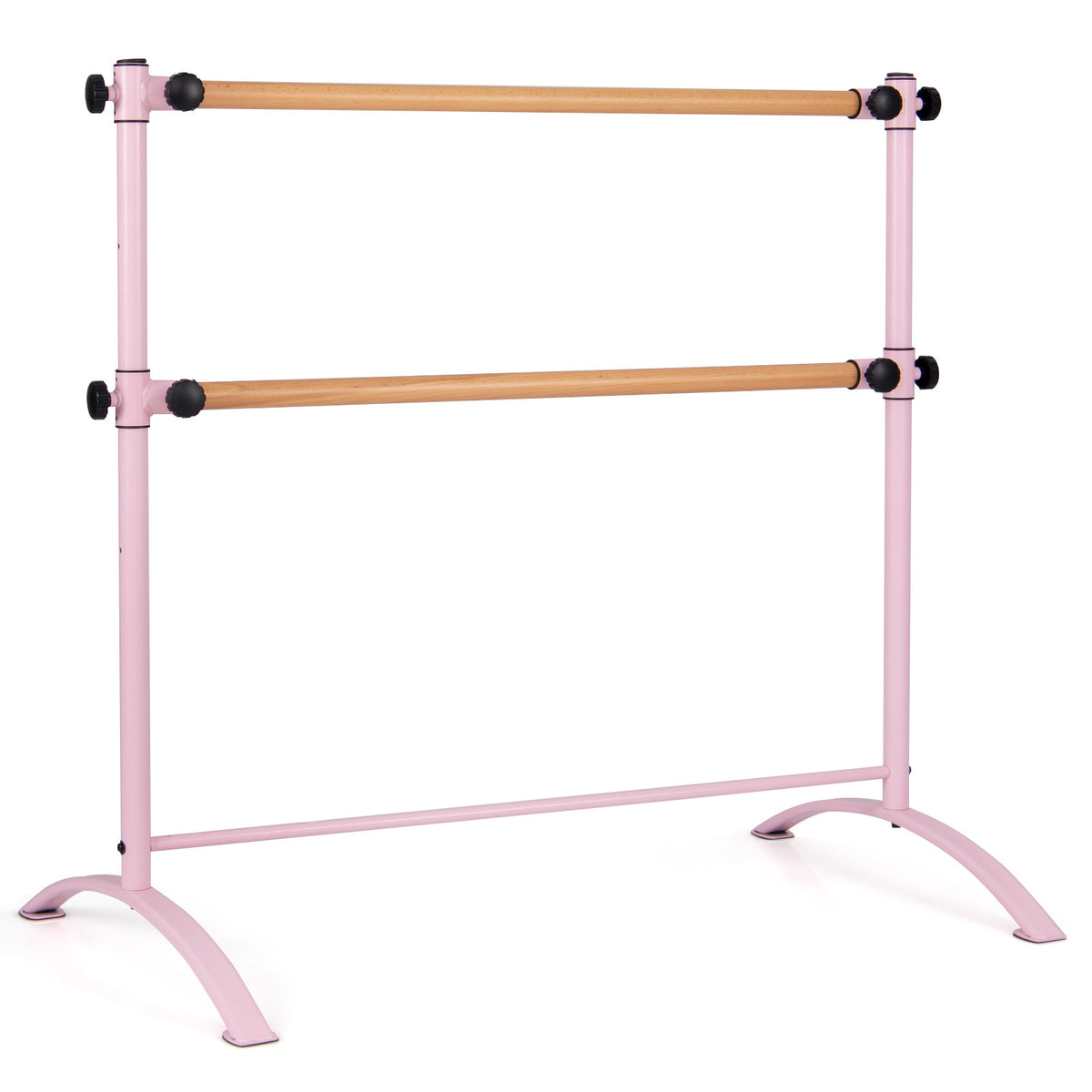 The pink freestanding ballet barre with two wooden bars