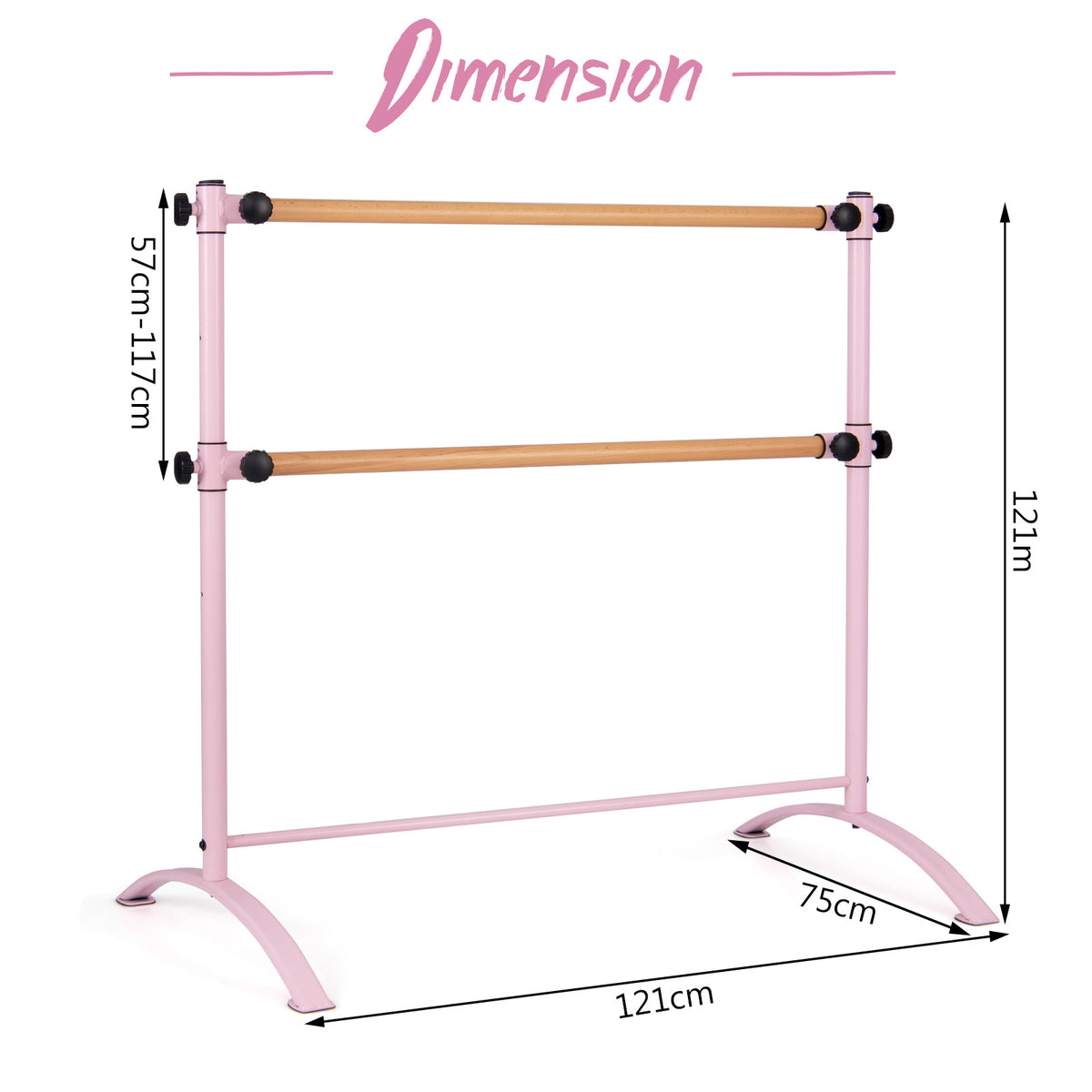 Dimensions of the pink ballet barre are shown with measurements