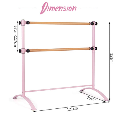 Dimensions of the pink ballet barre are shown with measurements