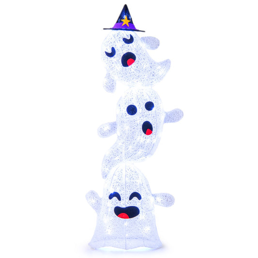 4 FT Lighted Stacked Ghosts, a Halloween decoration with three stacked white ghosts wearing witch hats, lit with LED lights