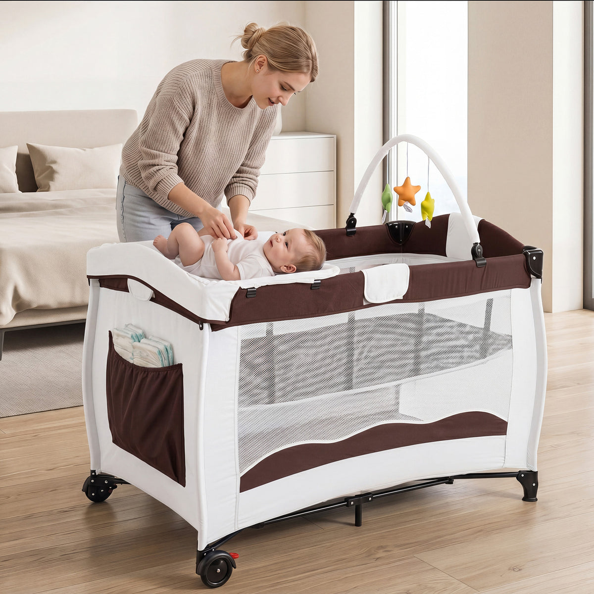 4 in 1 Pack and Play Foldable and Portable Baby Playard with Diaper Changing Table and 3 Hanging Toys-Brown