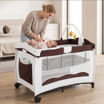4 in 1 Pack and Play Foldable and Portable Baby Playard with Diaper Changing Table and 3 Hanging Toys-Brown