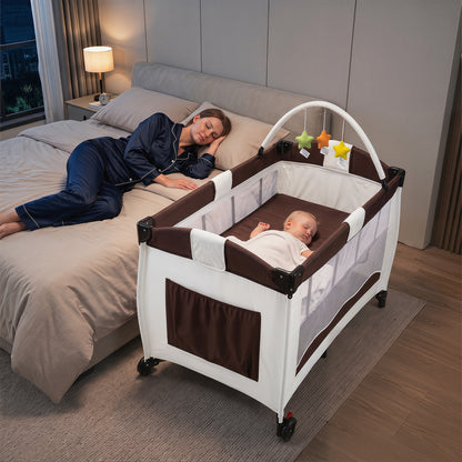 4 in 1 Pack and Play Foldable and Portable Baby Playard with Diaper Changing Table and 3 Hanging Toys-Brown