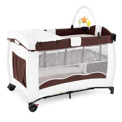 4 in 1 Pack and Play Foldable and Portable Baby Playard with Diaper Changing Table and 3 Hanging Toys-Brown