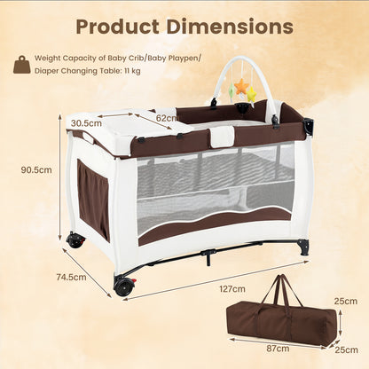 4 in 1 Pack and Play Foldable and Portable Baby Playard with Diaper Changing Table and 3 Hanging Toys-Brown