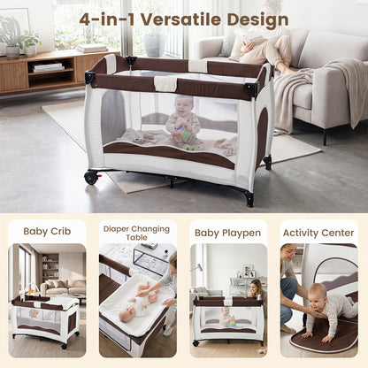 4 in 1 Pack and Play Foldable and Portable Baby Playard with Diaper Changing Table and 3 Hanging Toys-Brown