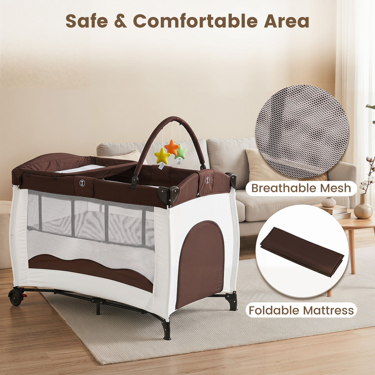 4 in 1 Pack and Play Foldable and Portable Baby Playard with Diaper Changing Table and 3 Hanging Toys-Brown