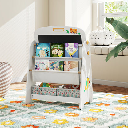 The art easel used as a bookshelf, displaying children's books and storage bins