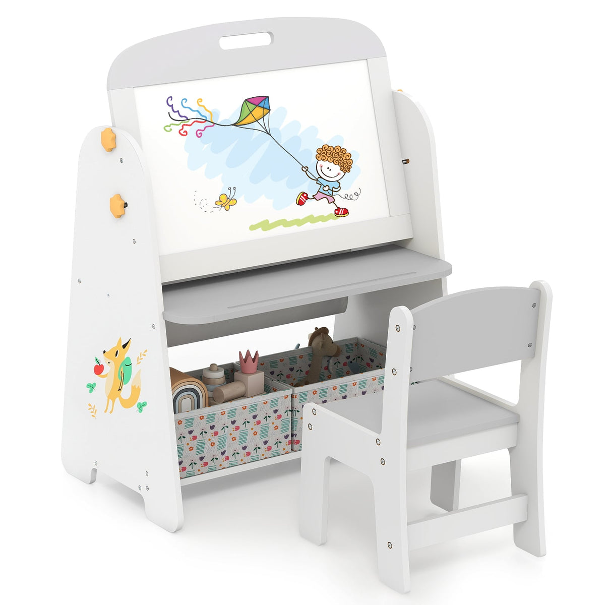 4-in-1 Art Easel and Bookshelf with Magnetic Whiteboard and Blackboard-Grey, a child's drawing easel with a chair