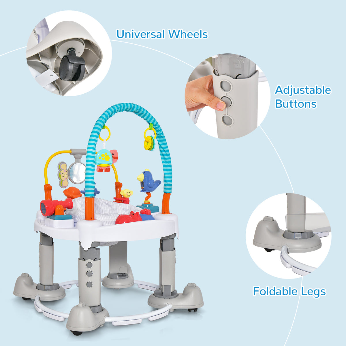 The baby walker with close-up circles showing the wheels, height buttons and foldable legs