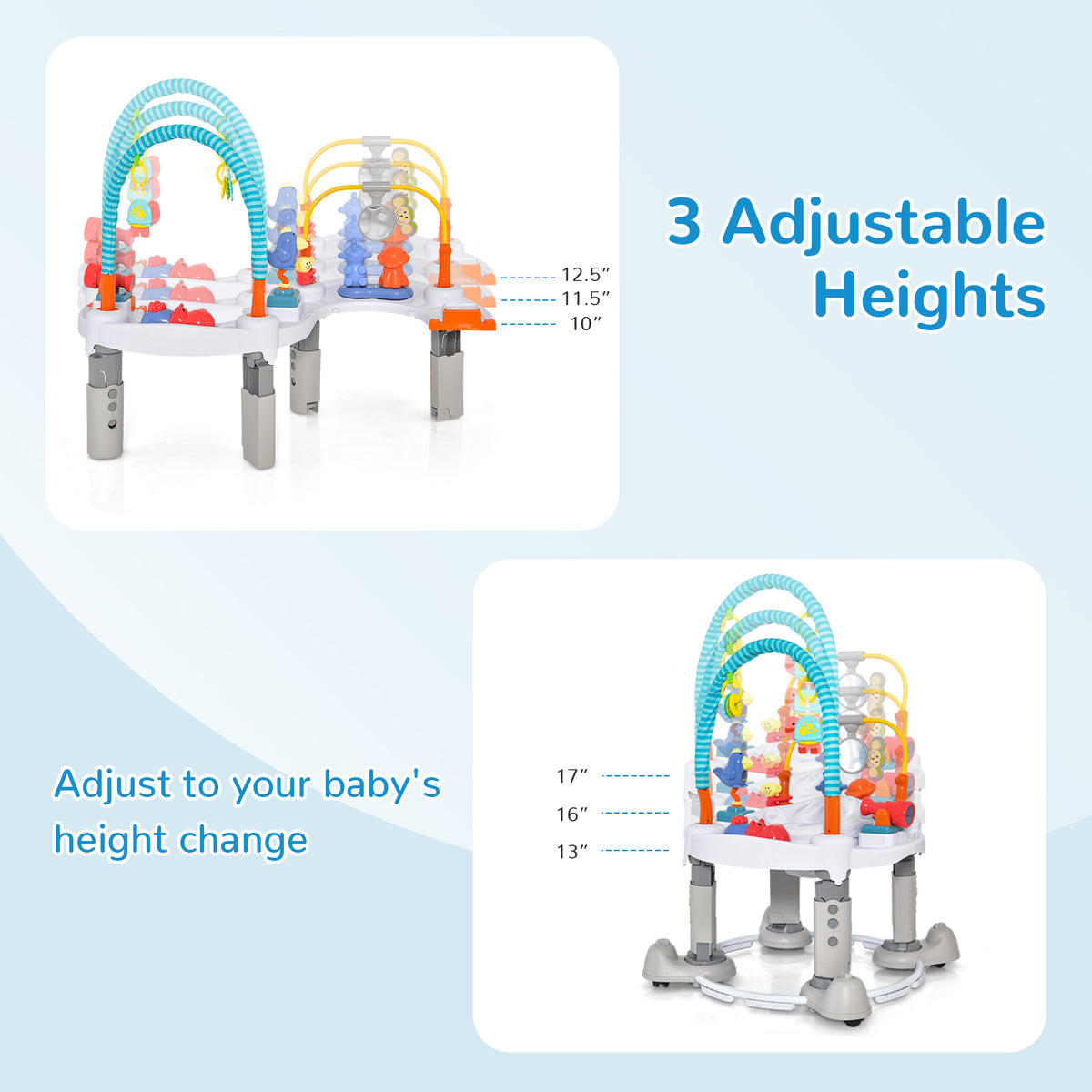 The baby walker demonstrating the three adjustable height settings for growing children