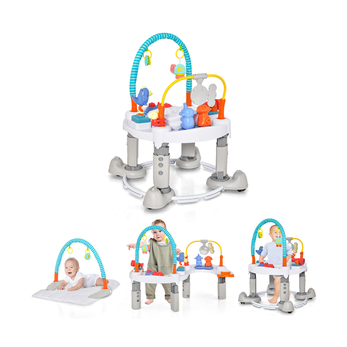 4-In-1 Baby Activity Center shown in four different configurations with toys and a play mat