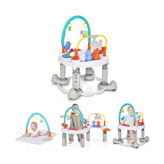 4-In-1 Baby Activity Center shown in four different configurations with toys and a play mat