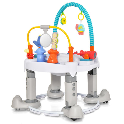 The baby walker viewed from the back showing the mirror and colourful toy attachments