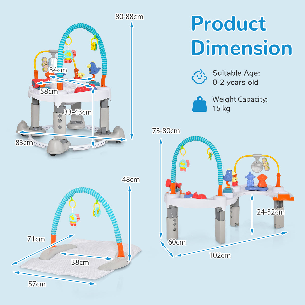 The baby walker shown with various dimension labels and technical specifications