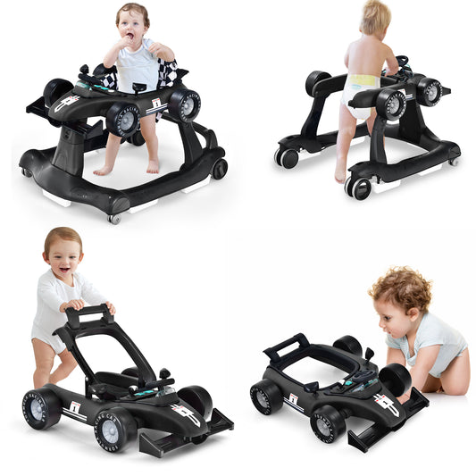 4-in-1 Baby Push Walker with Adjustable Height and Speed in black, shown with a baby inside and another baby pushing it