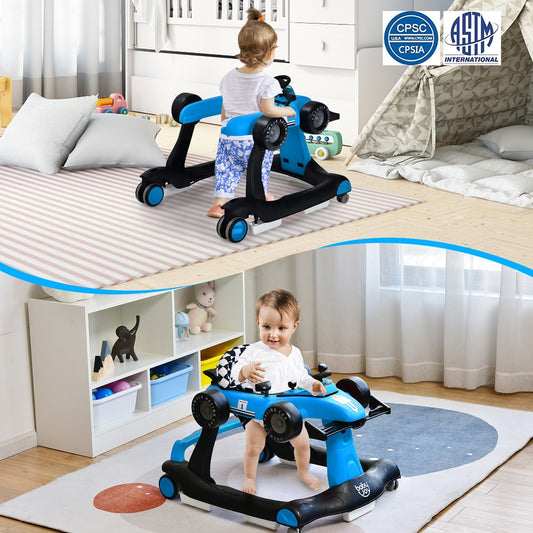 Baby sitting in the blue baby walker in a nursery room