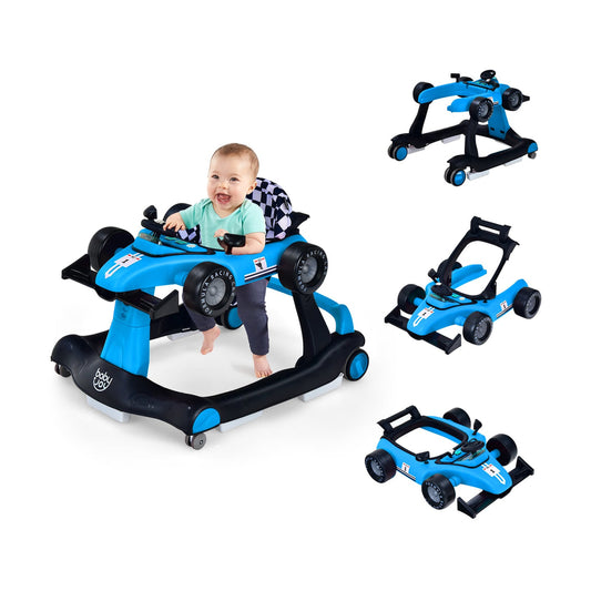 4-in-1 Baby Push Walker with Adjustable Height and Speed in blue, with a baby sitting inside